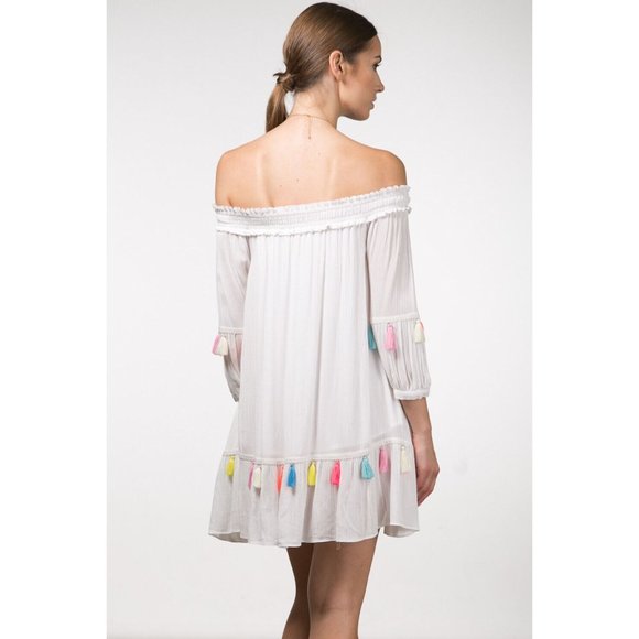 Casual Off The Shoulder Multi-Color Tassels White Dress Super Cute Comfy - Picture 4 of 13